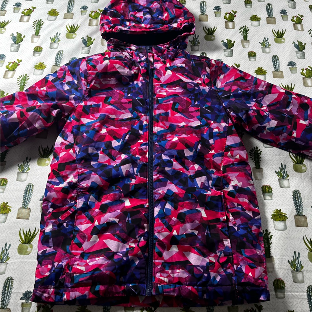 Lands' End Girls' Pink & Purple Geometric Hooded Winter Ski Jacket Size L/10-12